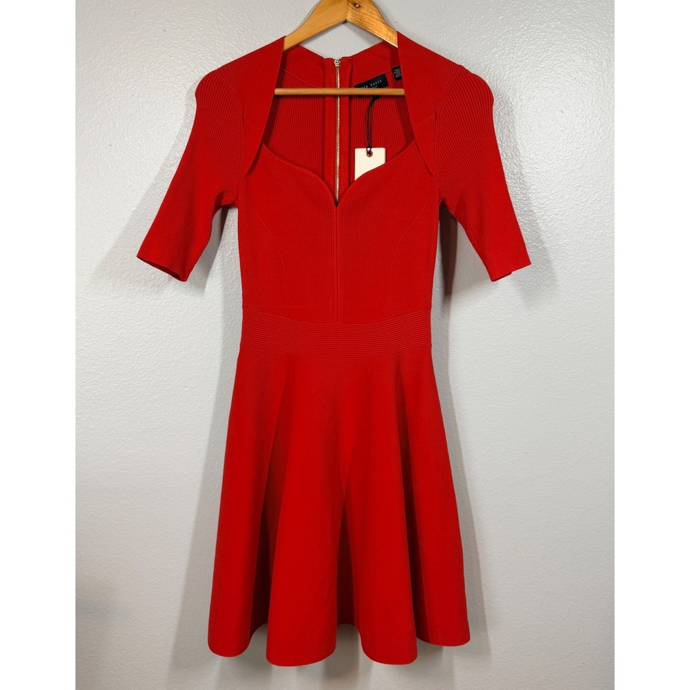 Ted Baker Dress Women's 4 Red Milly Sweetheart Neckline Fit & Flare Ribbed Knit